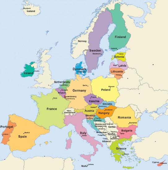 EU countries and their capitals labeled