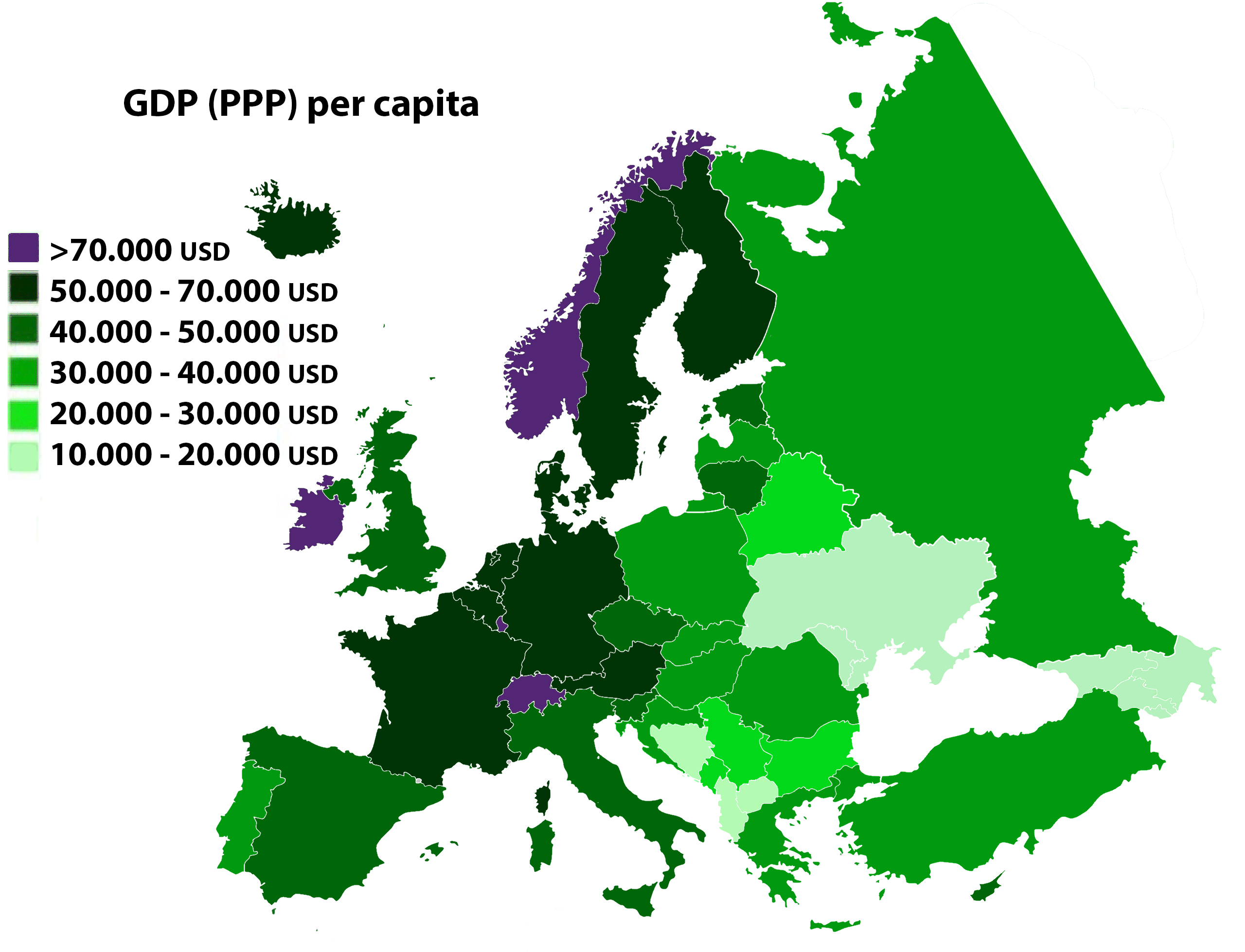 Ireland, Norway, and Finland have highest values; Bosnia and Herzegovina, Albania, and Moldova have some of the lowest