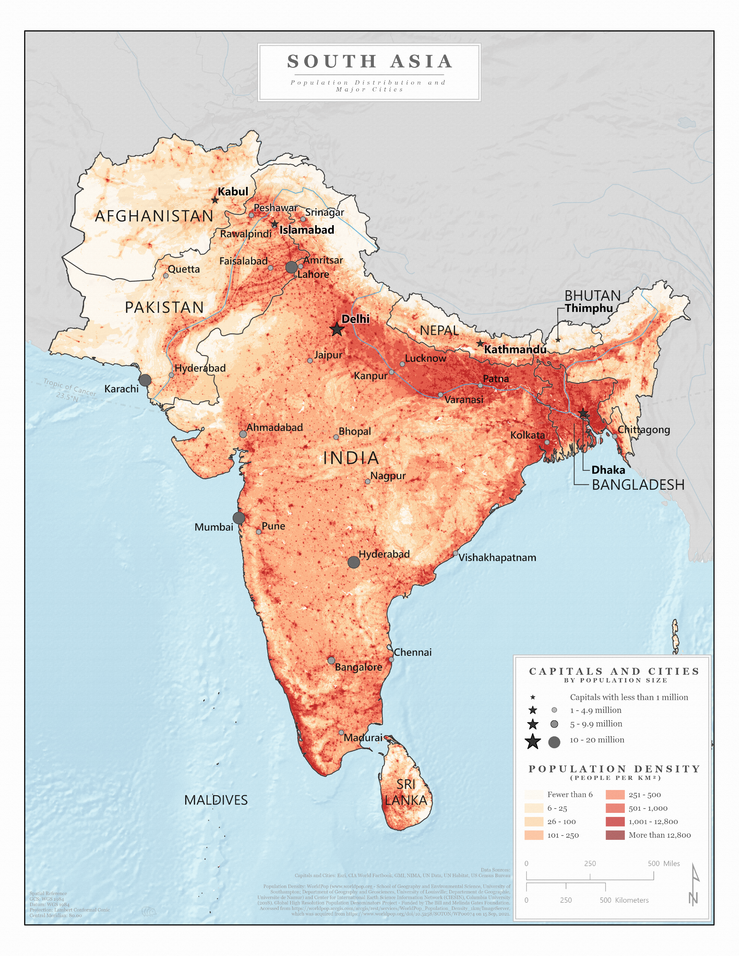 Population distribution and major cities of South Asia