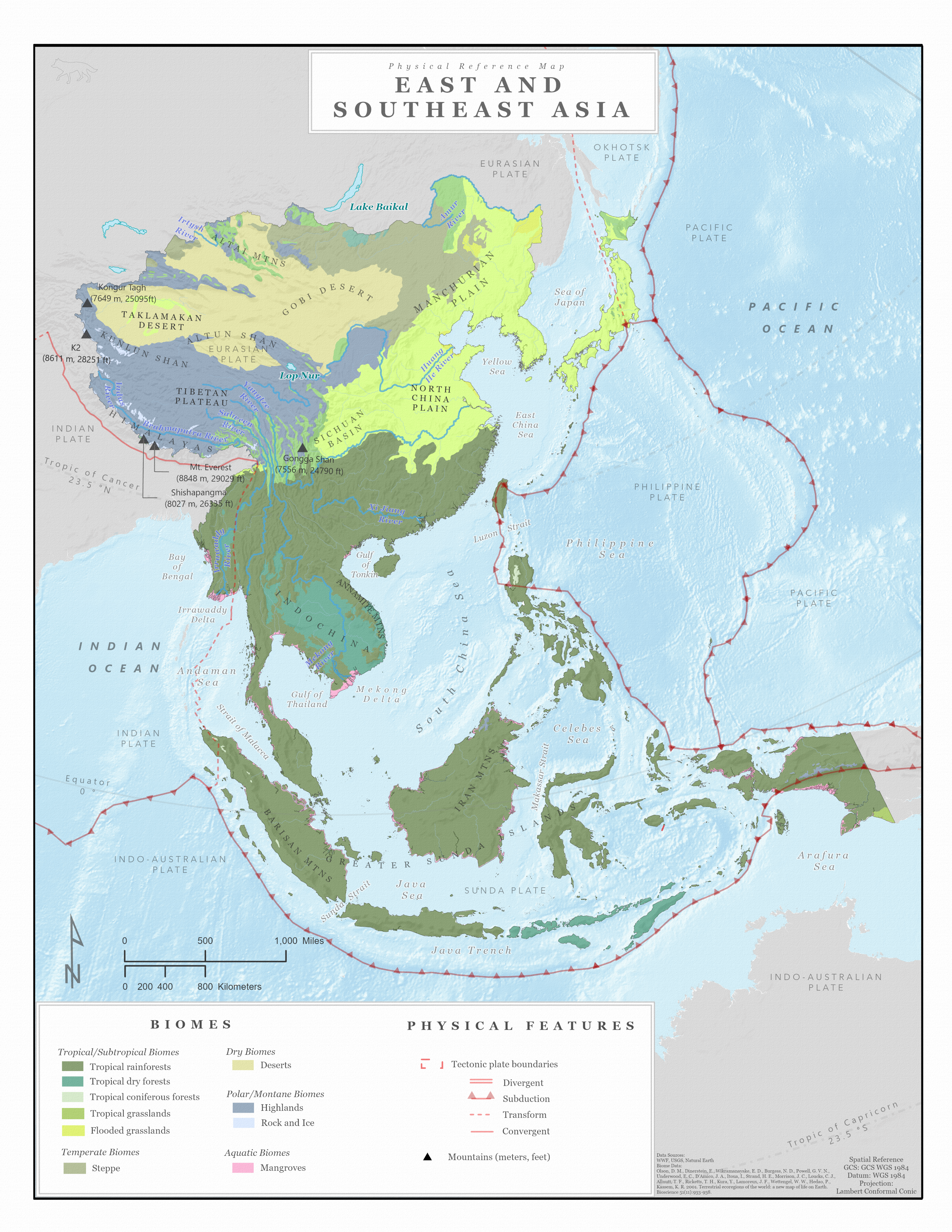 Biome and physical features map of East and Southeast Asia