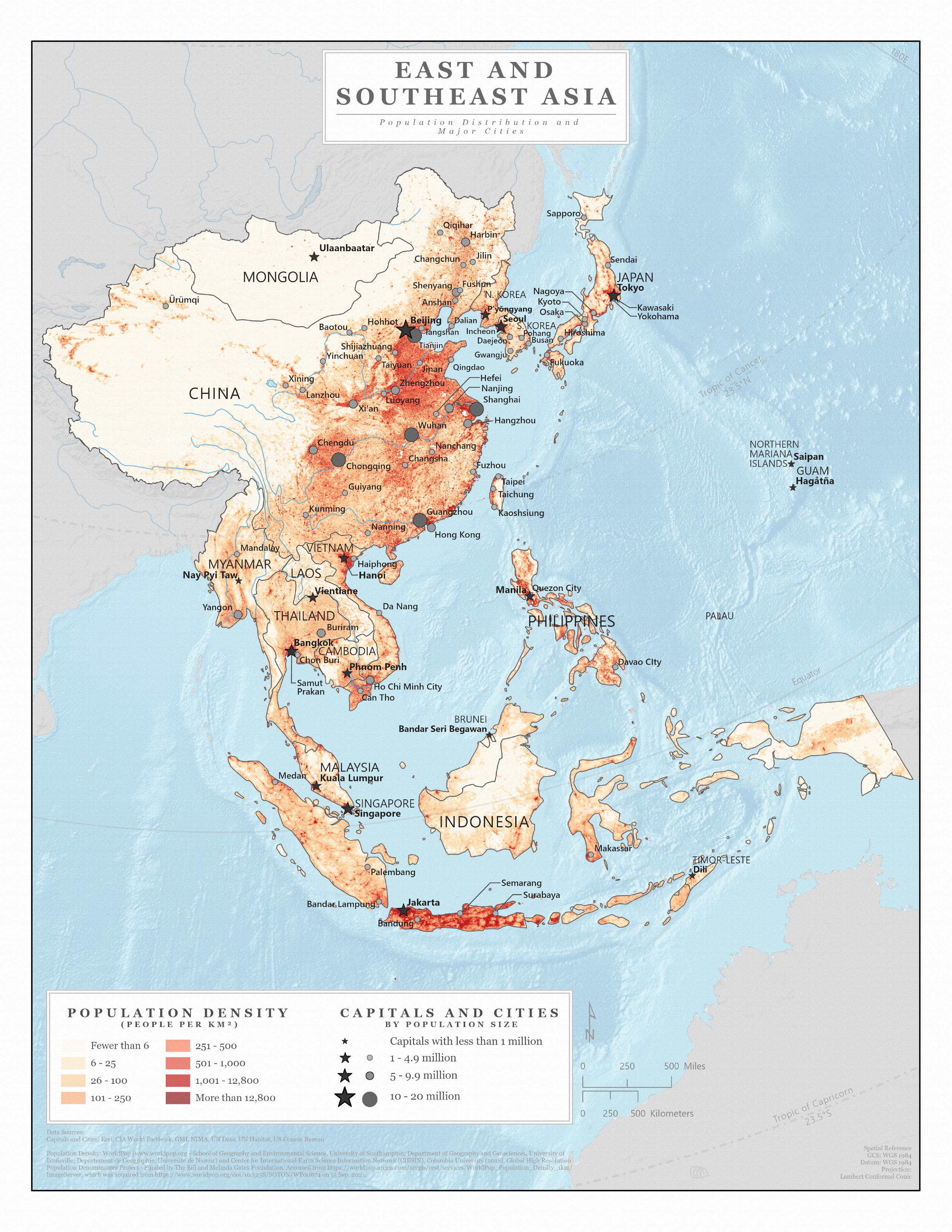 Countries, capitals, and population sizes of East and Southeast Asia