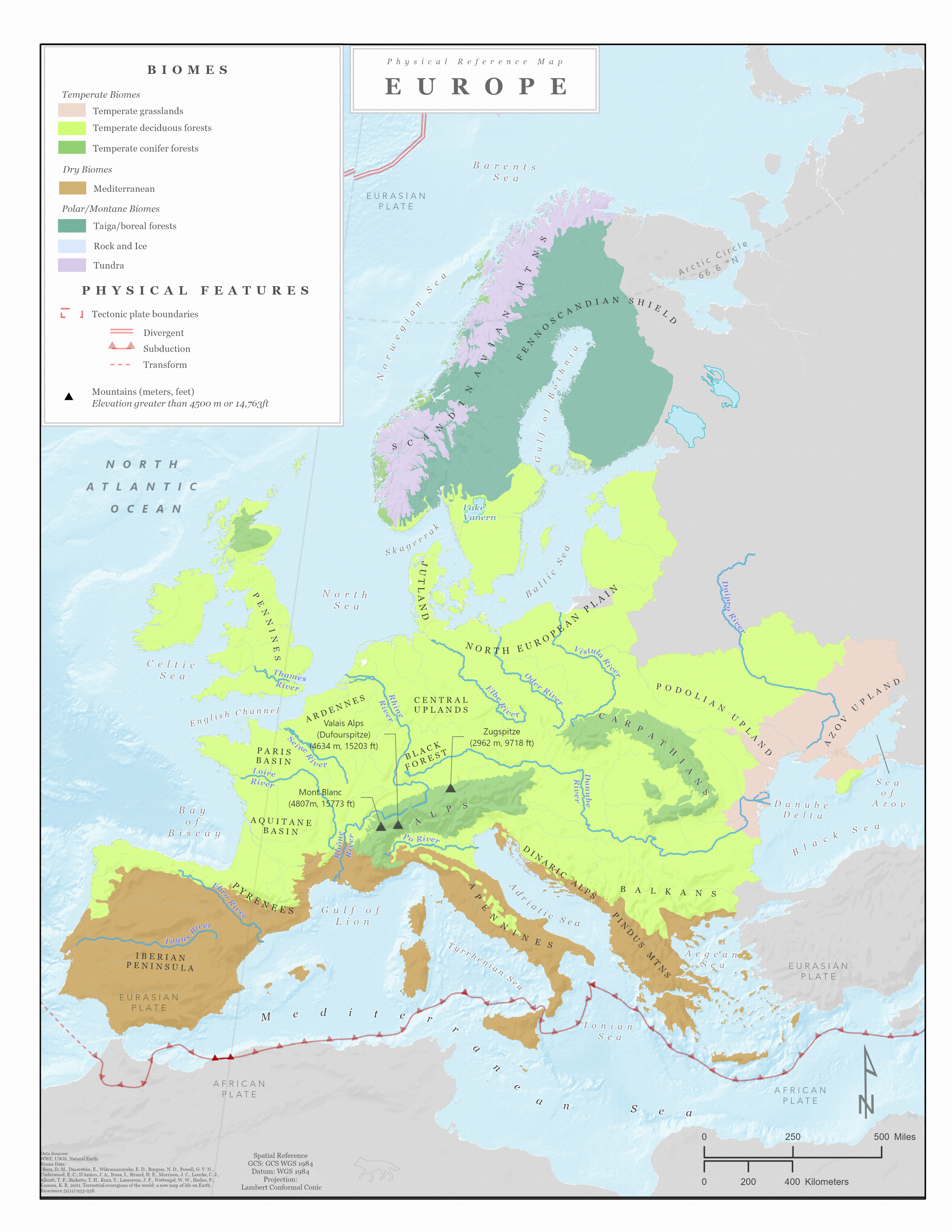 Biome and physical features map of Europe