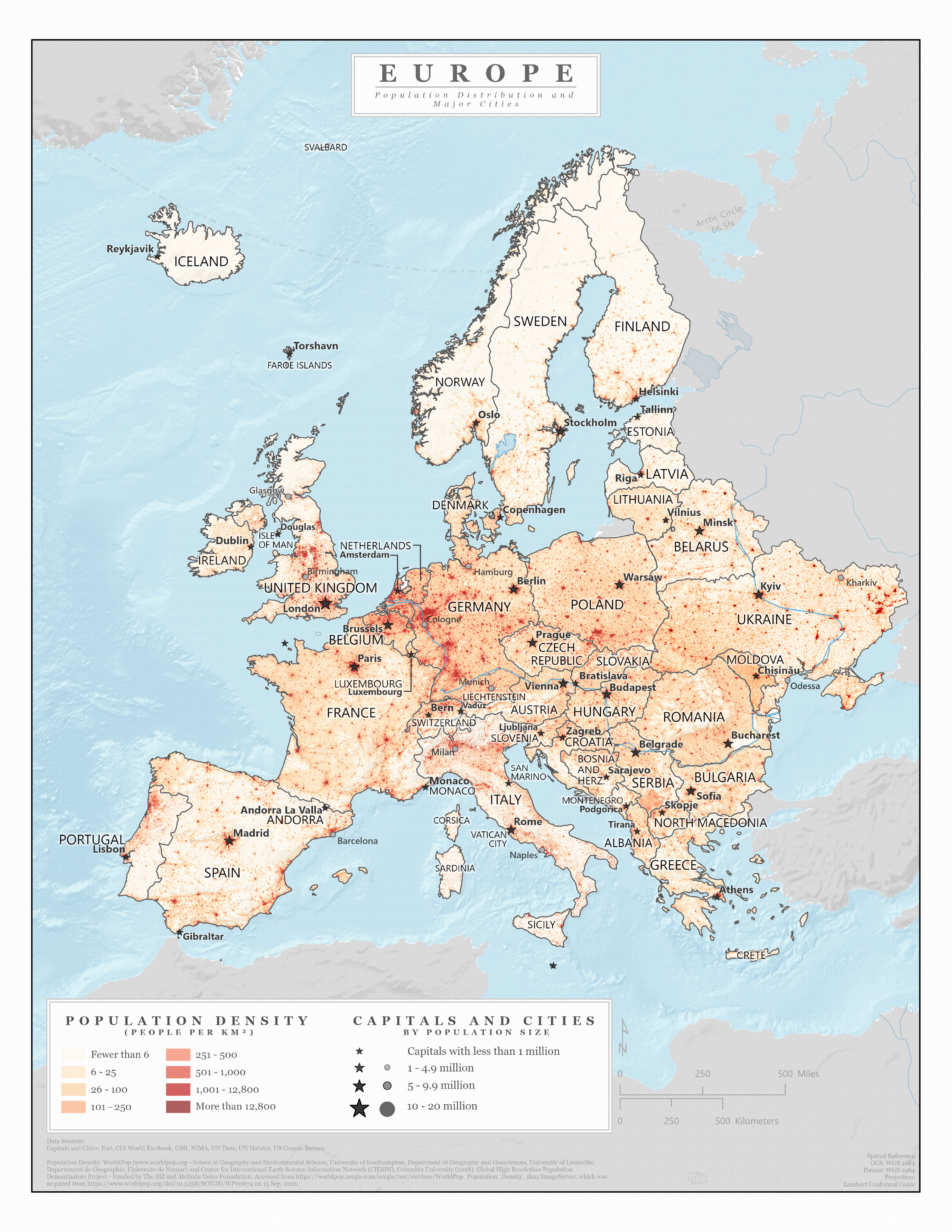 Countries, capitals, and population sizes map of Europe