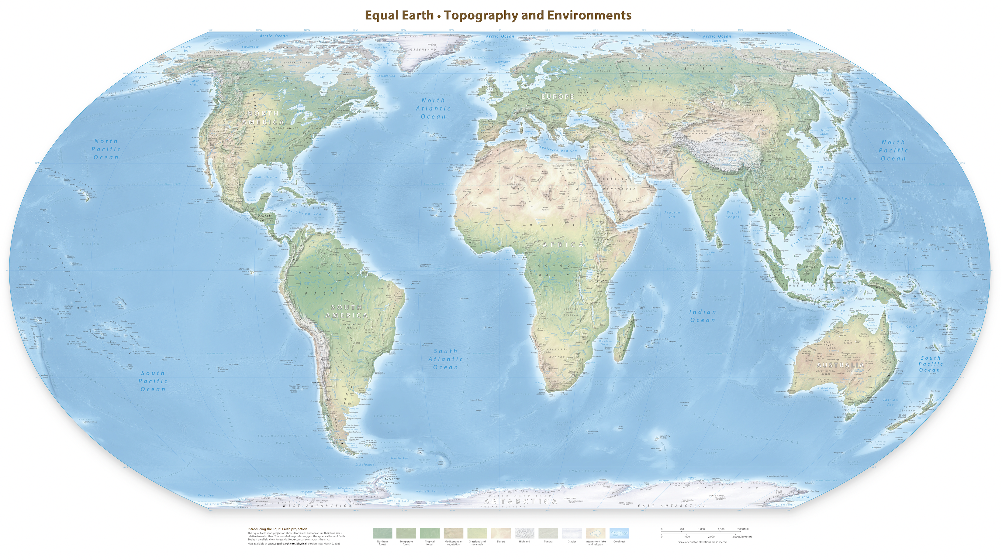 Natural environments and topography map of the world
