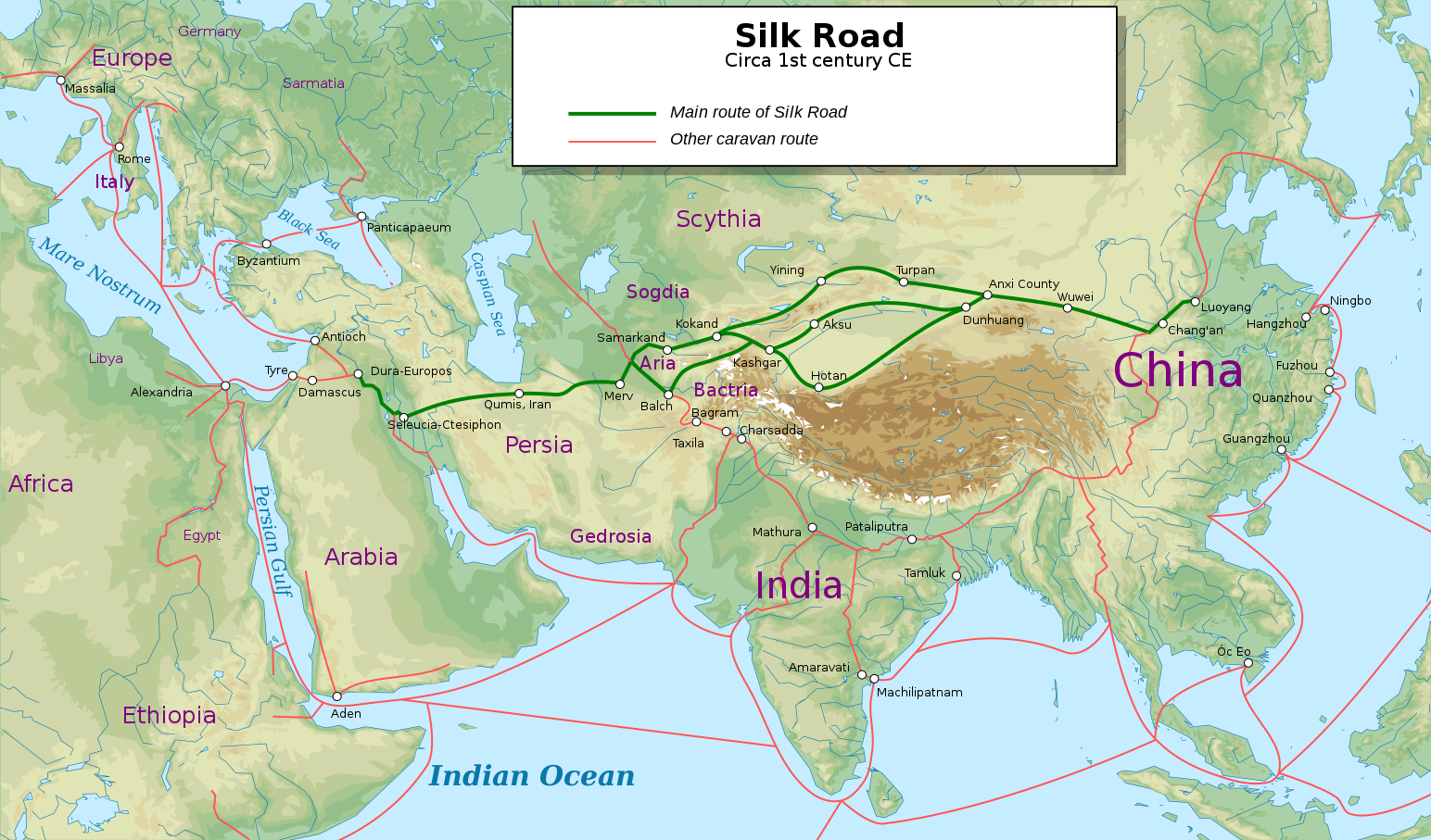 Overland paths and water routes of the Silk Road from China to Europe, 1st century ACE