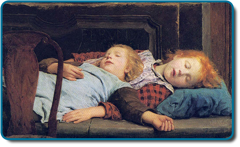 Una pintura muestra a dos niños durmiendo.