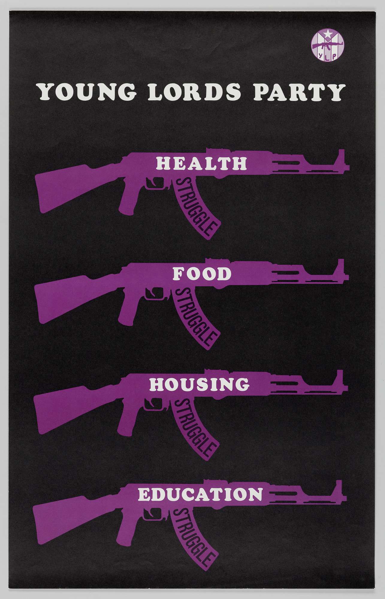 Poster of the Young Lords Party with the words Health, Food, Housing, Education. 