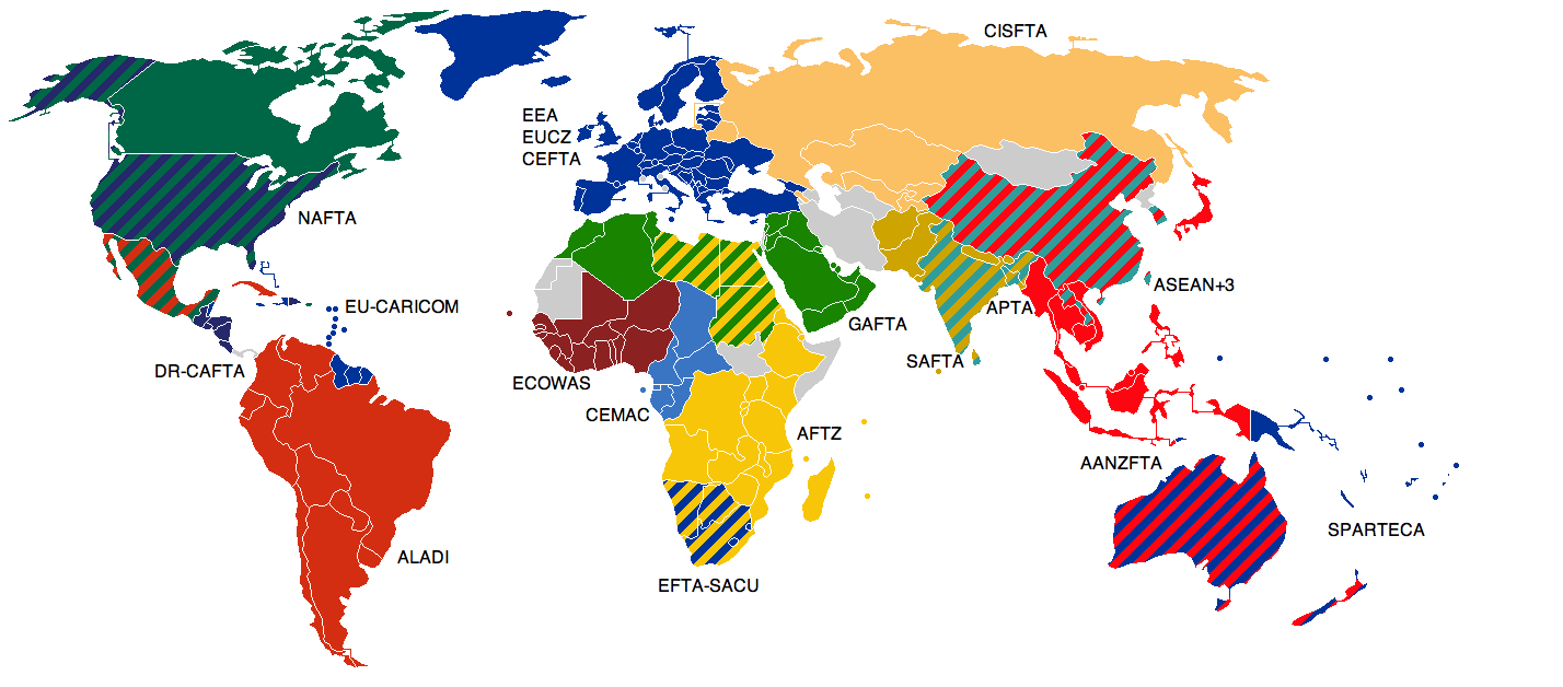 A color-coded world map displaying various free trade areas governed by regional trade agreements as of 2009. The map visually represents economic cooperation zones worldwide, highlighting the scope and distribution of free trade agreements in different continents. Different regions are shaded in unique colors and patterns to represent distinct trade agreements. The map includes labels for each trade area, such as: NAFTA (North American Free Trade Agreement) &ndash; Covering the United States, Canada, and Mexico, EU-related trade areas (EEA, EUCZ, CEFTA) &ndash; Covering European nations, ALADI (Latin American Integration Association) &ndash; Encompassing most of South America, DR-CAFTA (Dominican Republic-Central America Free Trade Agreement) &ndash; Covering parts of Central America and the Caribbean, ECOWAS (Economic Community of West African States) and CEMAC (Central African Economic and Monetary Community) &ndash; Representing regional African trade groups, GAFTA (Greater Arab Free Trade Area) &ndash; Spanning parts of North Africa and the Middle East, AFTA (ASEAN Free Trade Area) and ASEAN+3 &ndash; Covering Southeast Asia and regional partners, APTA (Asia-Pacific Trade Agreement) &ndash; Representing parts of South and East Asia, SAFTA (South Asian Free Trade Area) &ndash; Covering South Asian countries, AANZFTA (ASEAN-Australia-New Zealand Free Trade Agreement) &ndash; Connecting Southeast Asia with Australia and New Zealand, SPARTECA (South Pacific Regional Trade and Economic Cooperation Agreement) &ndash; Involving Pacific island nations.