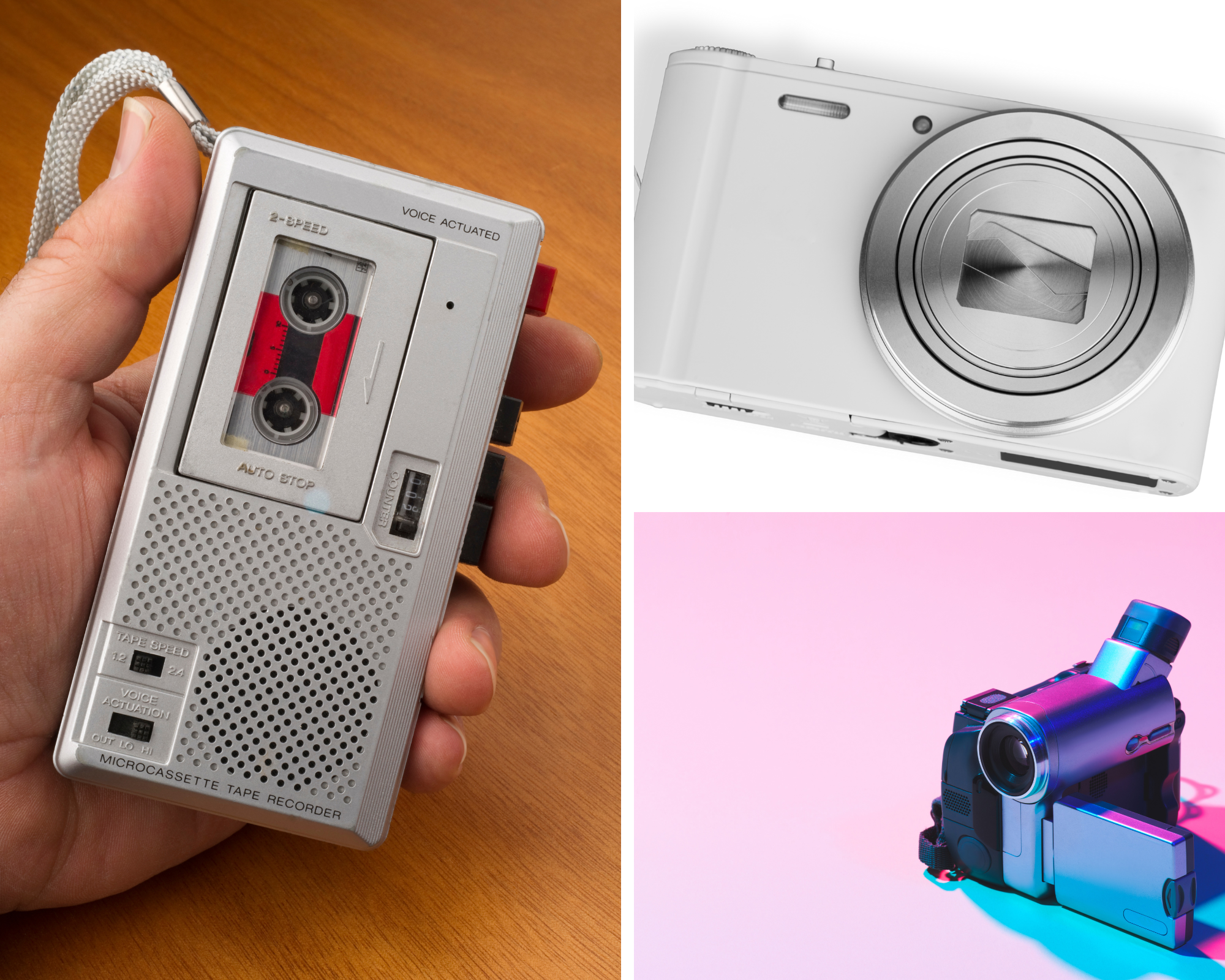 tape recorder, camera and video camera