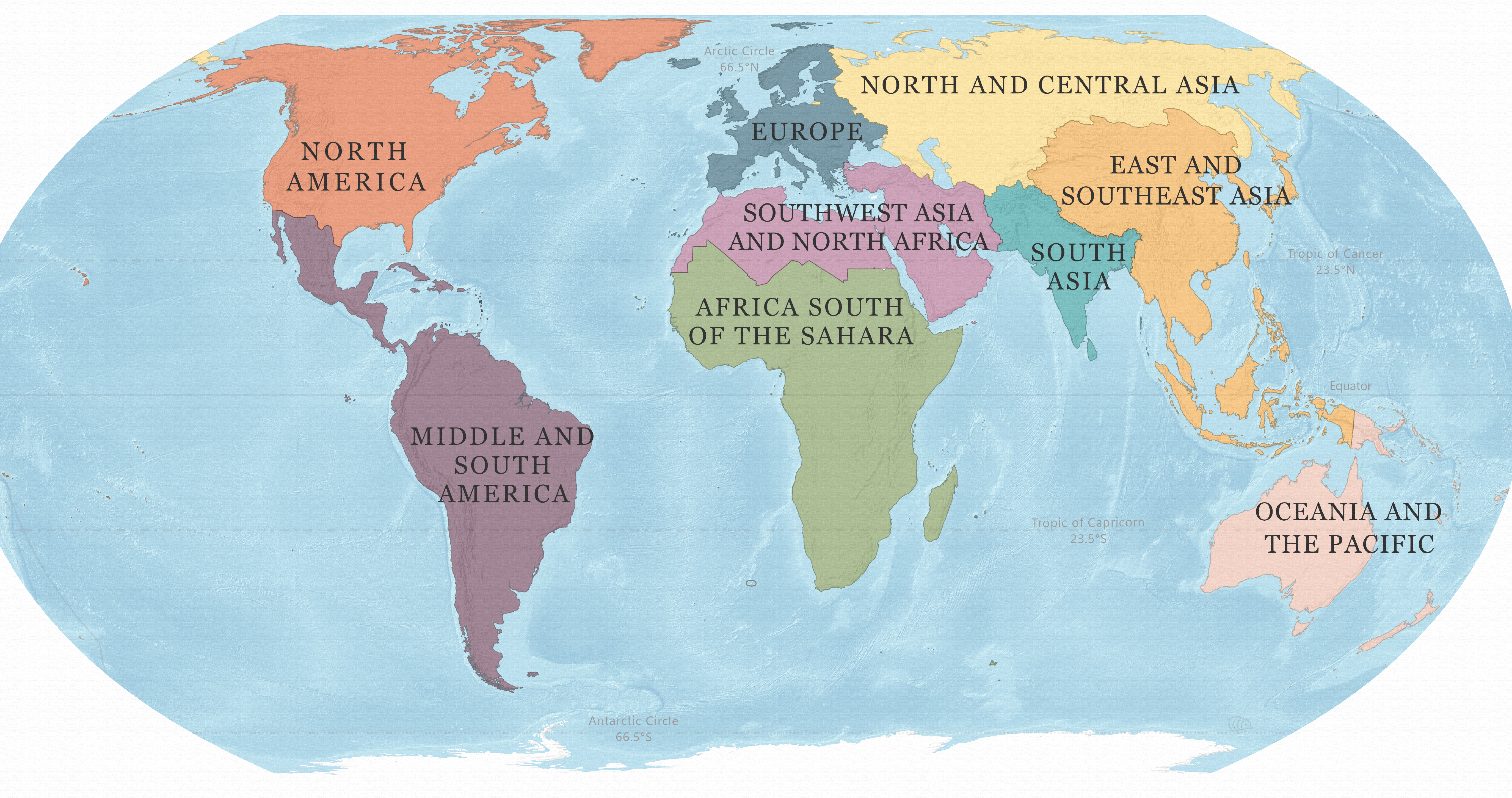 Map depicting eight world regions
