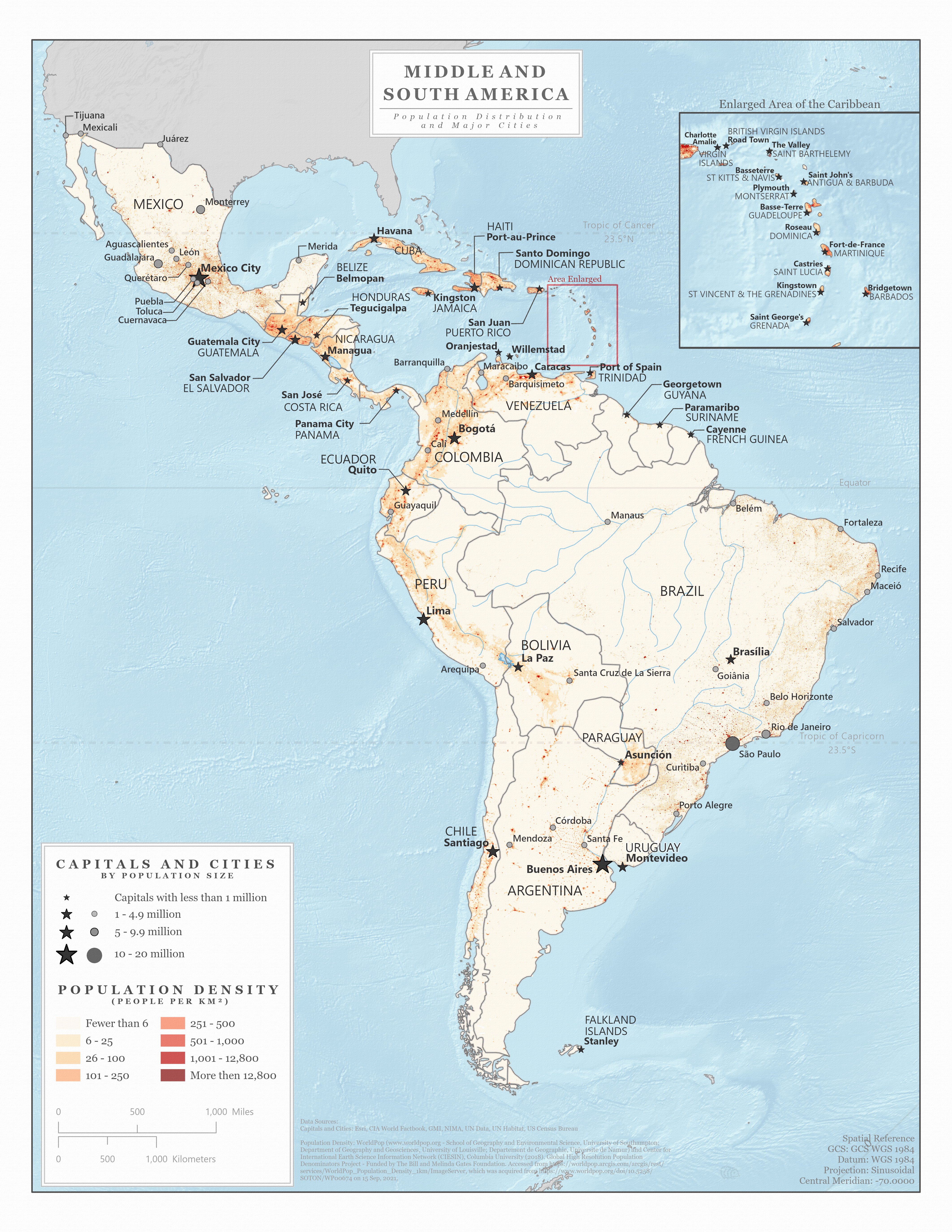 Countries, capitals, and population sizes map of Middle and South America