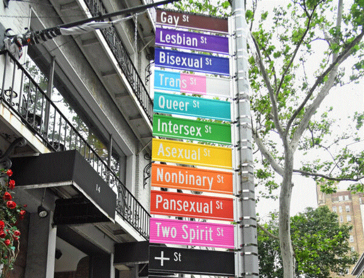 Colorful street sign that reads from top down Gay, Lesbian, Bisexual, Trans, Queer, Intersex, Asexual, Nonbinary, Pansexual, Two Spirit, +
