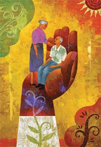 Painting depicting an older woman standing, and older man sitting in a giant hand, to illustrate caregiving.