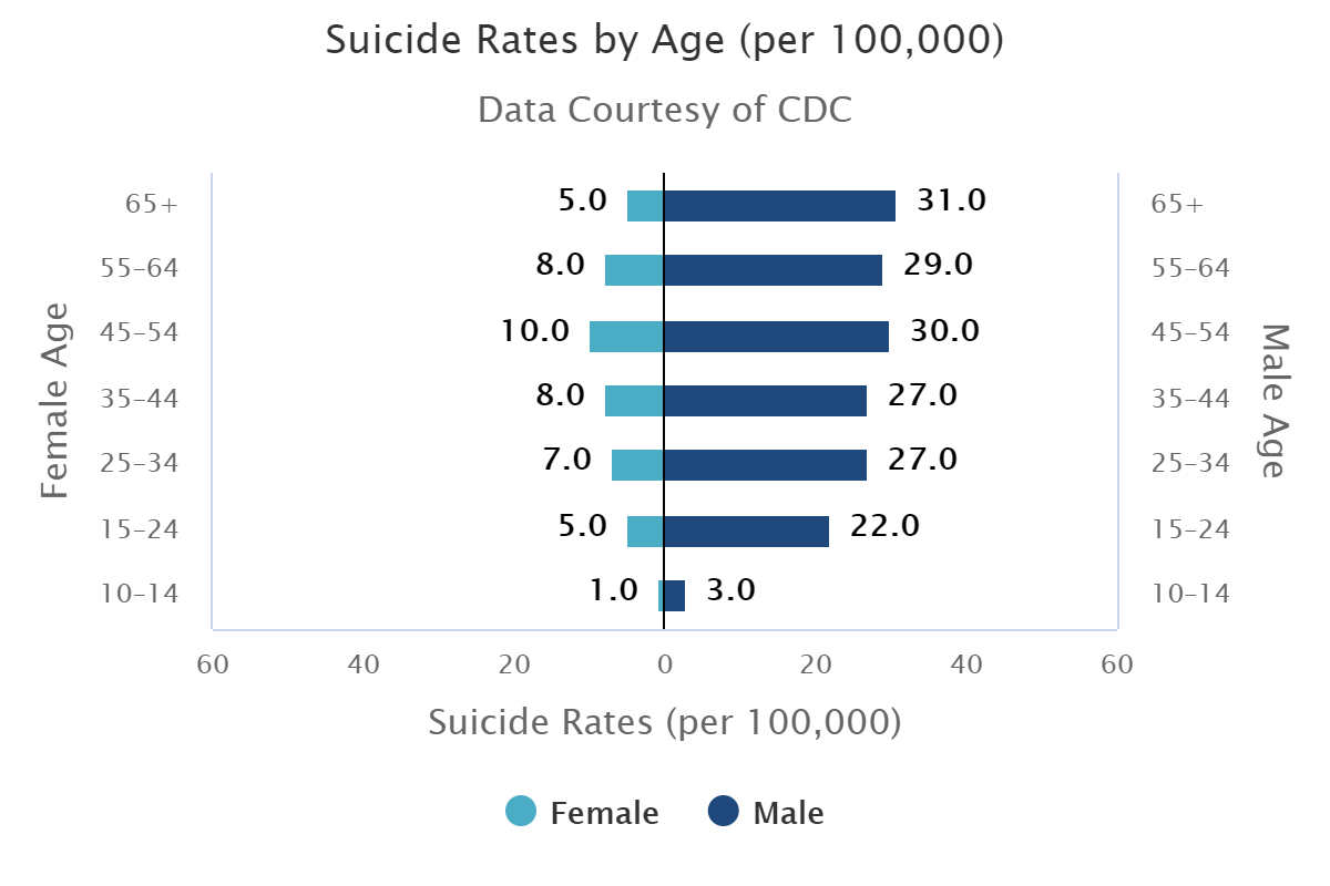 Bar graph showing suicide rate per 100,000 females and males in different age groups (10-14, 15-24, 25-34, 35-44, 45-64, 65+) Males 65+ show the highest rates of suicide (31 out of every 100,000). For women those 45-54 show the highest rates (10 per 100,000). In all age groups the male suicide rate is 3 or more times higher than that of females.