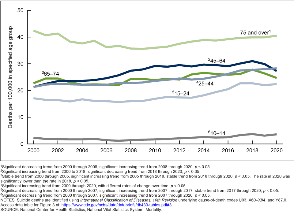 Graph showing suicide rates for males by age group in the U.S., 2000 to 2020.