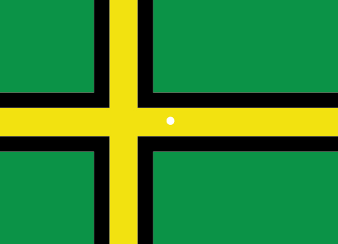 Une illustration montre un drapeau vert avec des lignes jaunes épaisses bordées de noir se rejoignant légèrement à gauche du centre. Un petit point blanc se trouve dans l'espace jaune, exactement au centre du drapeau.