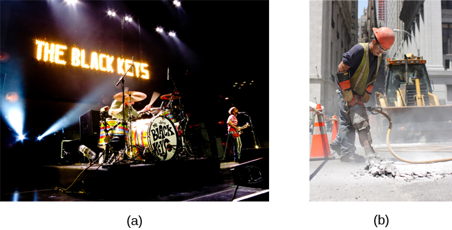 照片 A 显示了一支摇滚乐队在舞台上表演，上面写着 “The Black Keys” 的标语。 照片 B 显示一名建筑工人在操作手提凿岩机。