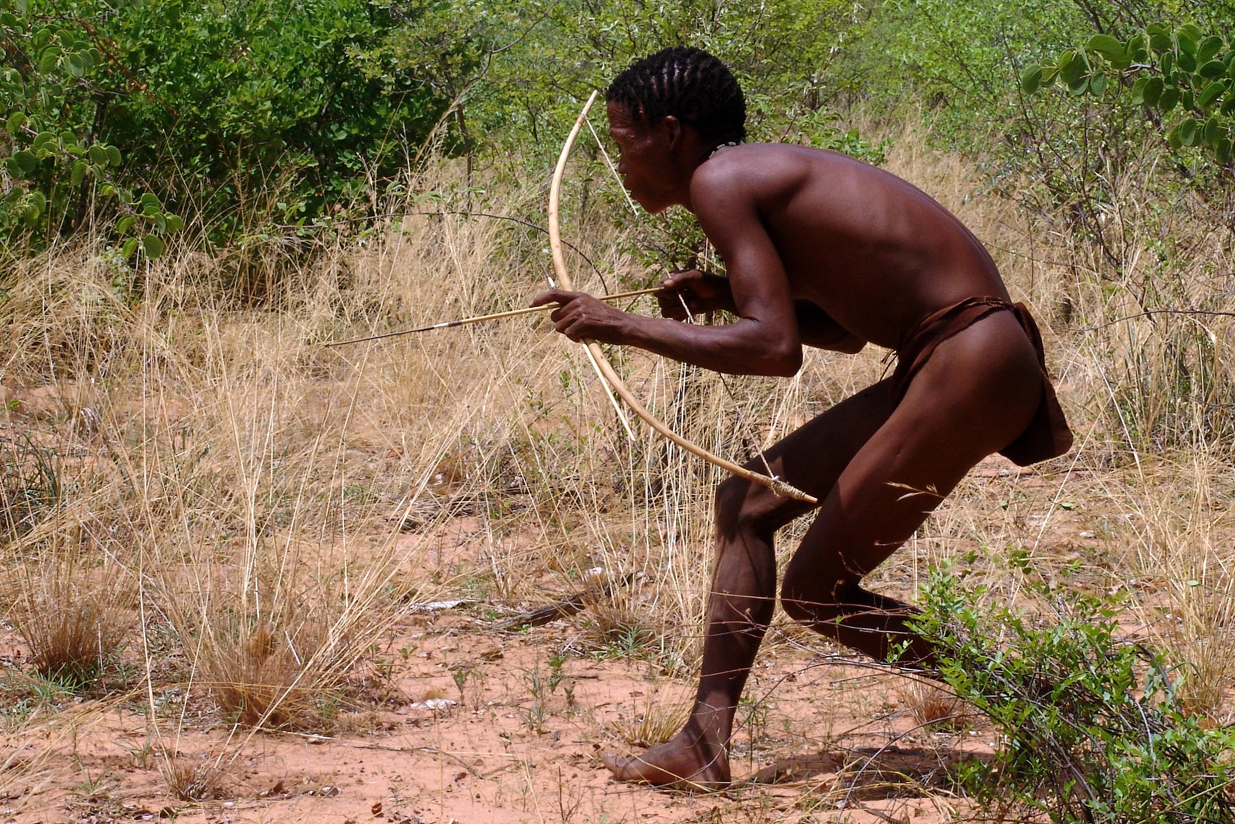 A hunter holding a bow is crouched among dry grass.