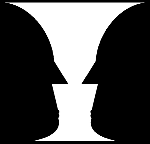 一幅插图显示了两个相同的黑色脸状形状，它们彼此面对，另一个是白色花瓶状的形状，占据了它们之间的所有空间。 根据插图聚焦的哪一部分，黑色形状或白色形状可能看起来像是插图的对象，而其他形状则被视为负空间。