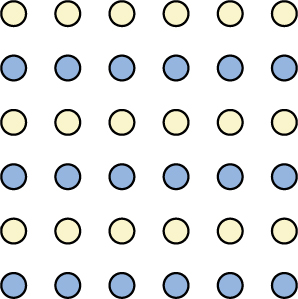 一幅插图显示了六行，每行六个点。 成排的点在蓝色和白色圆点之间交替出现。