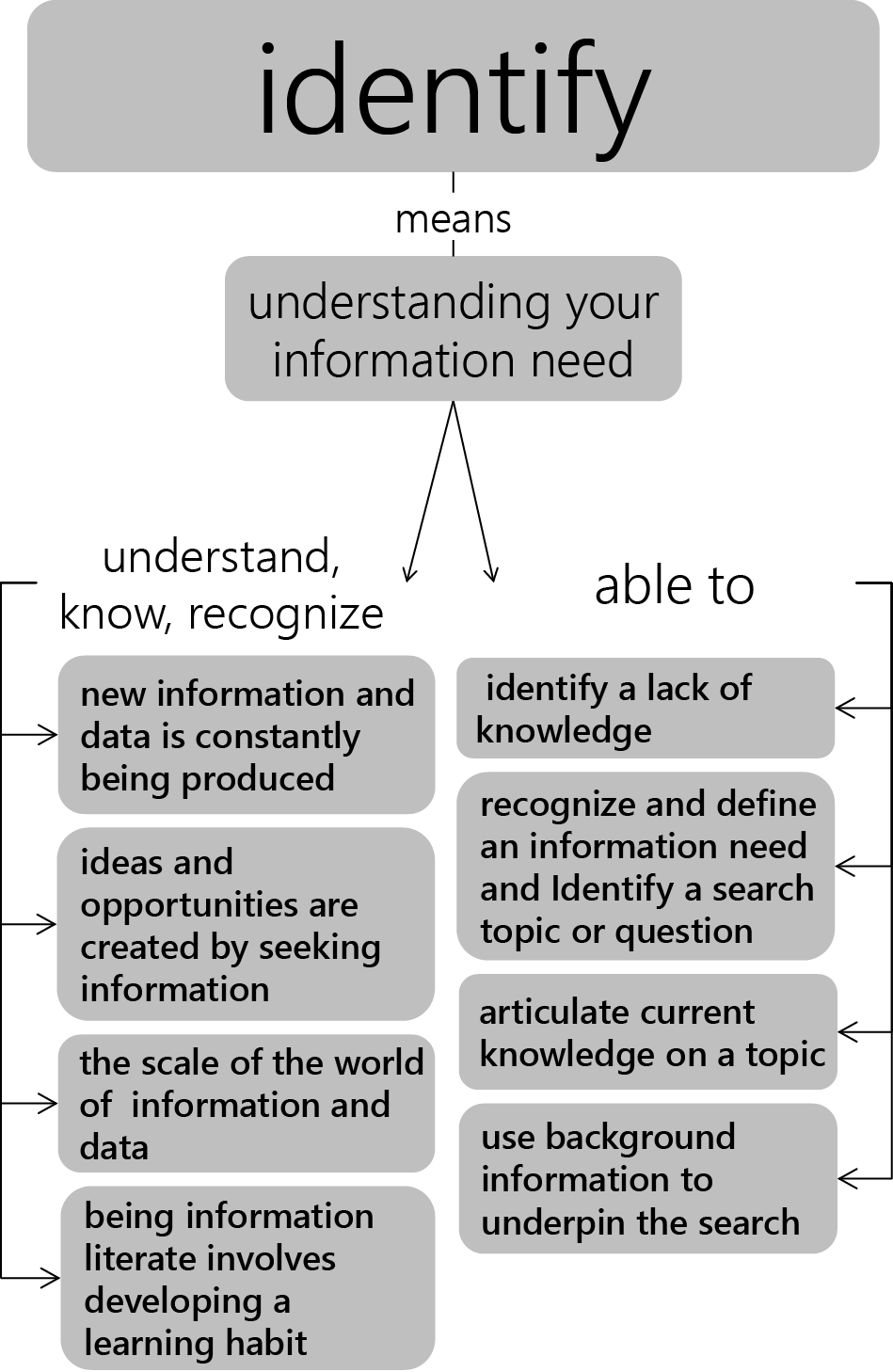 Visualization of the previously stated proficiencies in the Identify pillar, separating information the student should know from skills a student must master.