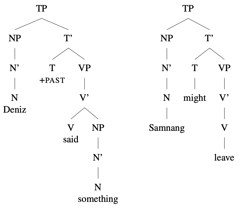 Tree diagrams: [TP Deniz [VP [V said] [NP something]]] and [TP Samnang might leave]