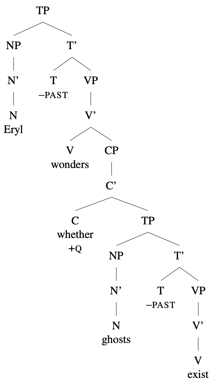 Tree diagram: [TP Eryl [VP [V' [V wonders] [CP [C whether +Q] [TP ghosts exist]]]]]