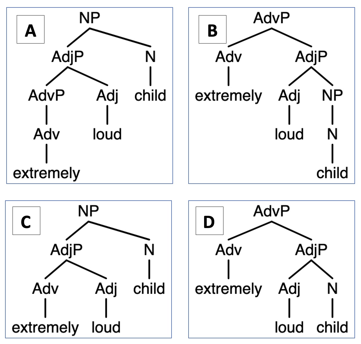 four tree diagrams; see multiple choice options for bracketed diagrams