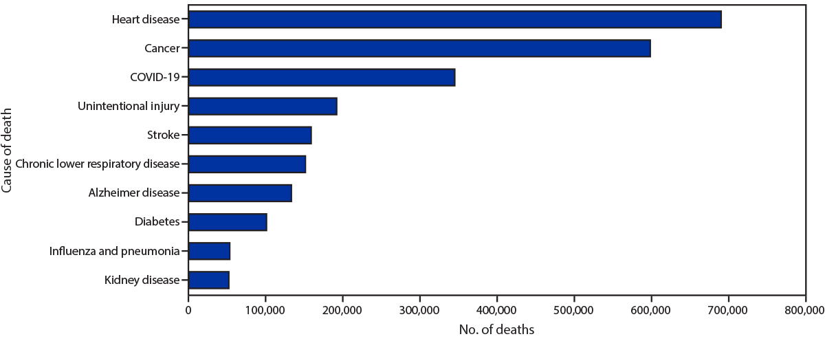 Graph of the 10 most common causes of death in America in 2020. From most to least common, they are heart disease, cancer, COVID-19, unintentional injury, strokes, chronic lower respiratory disease, Alzheimer's disease, diabetes, influenza and pneumonia, and kidney disease.