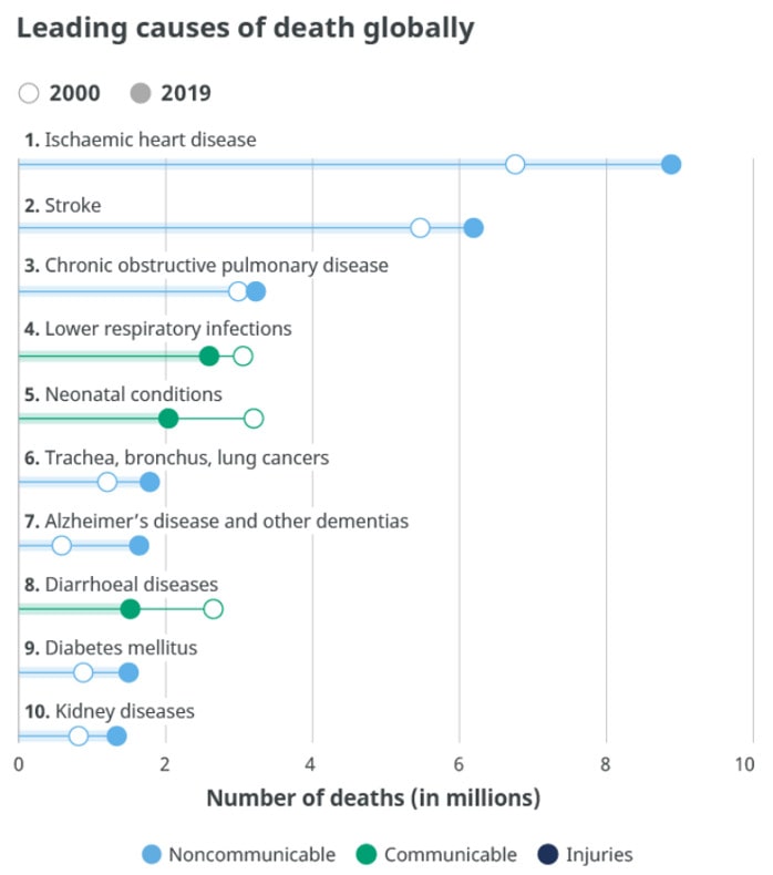 Graph of the 10 most common worldwide causes of death in 2000 and 2019. From most to least common, these are ischaemic heart disease, stroke, chronic pulmonary obstructive disease, lower respiratory infections, neonatal conditions, trachea, bronchus, or lung cancers, Alzheimer's disease and other dementias, diarrhoeal diseases, diabetes mellitus, and kidney diseases.