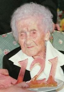 Jean Louise Calment at her 121st birthday celebration.