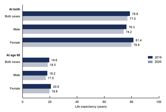 Graph showing the life expectancy at birth and at age 65 by sex in the U.S. in 2019 and 2020. For all categories, life expectancy decreased between 1 and 2 years from 2019 to 2020.