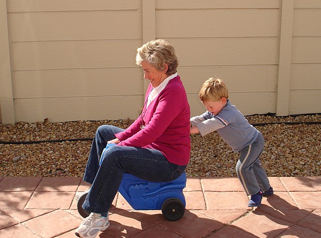 A grandmother sits on a plastic tricycle in her back yard, with her grandson pushing the tricycle.