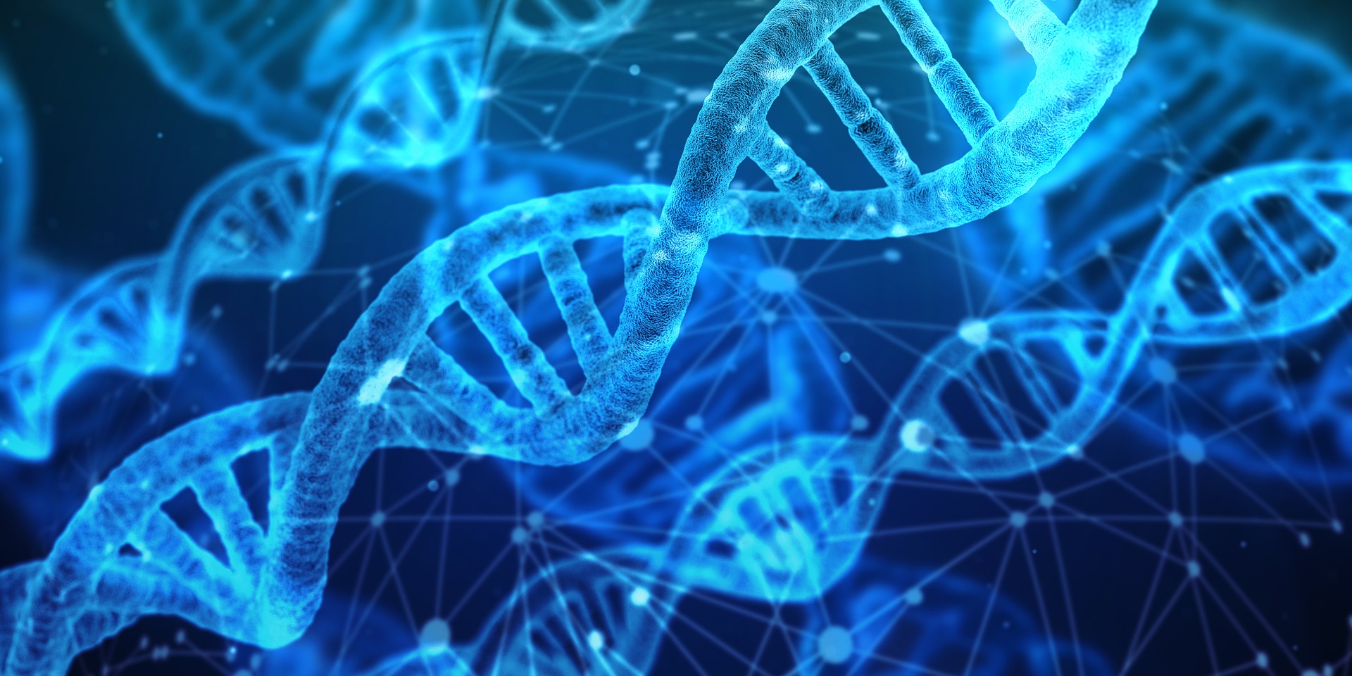 Black background with picture of DNA strands in blue.