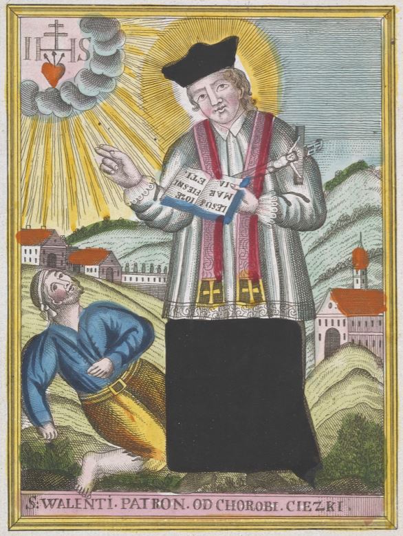 Colored etching of Saint Valentine blessing a man with epilepsy. The background shows a country seen with a church.