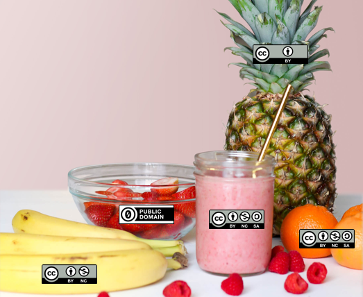 Spread of smoothie fruits, each with a CC license over it, with a smoothie glass in the center with its own licence.