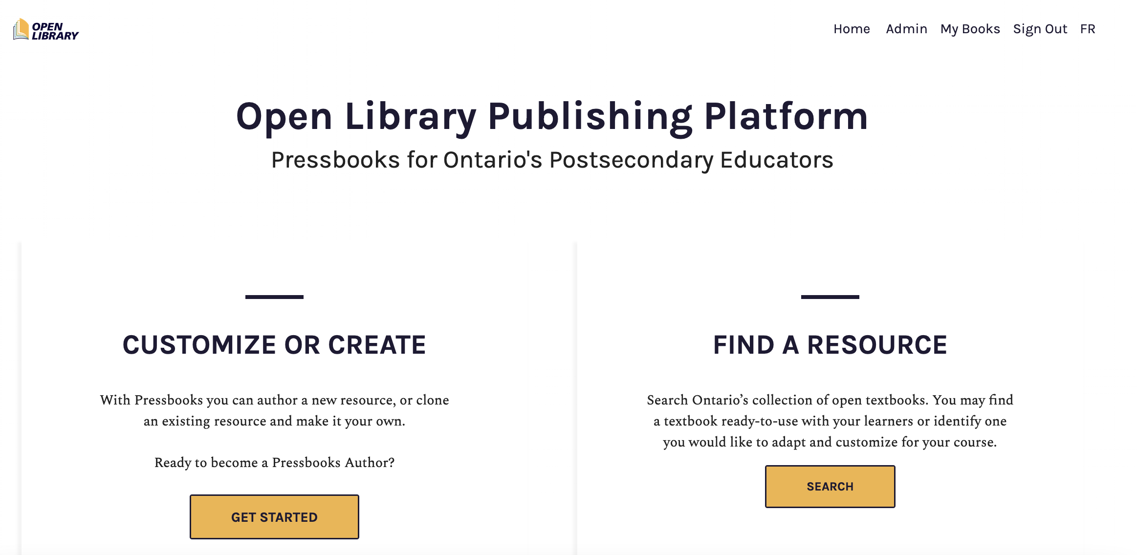 Landing page of eCampusOntario’s Pressbooks platform after logging in with “My Books” in top right corner