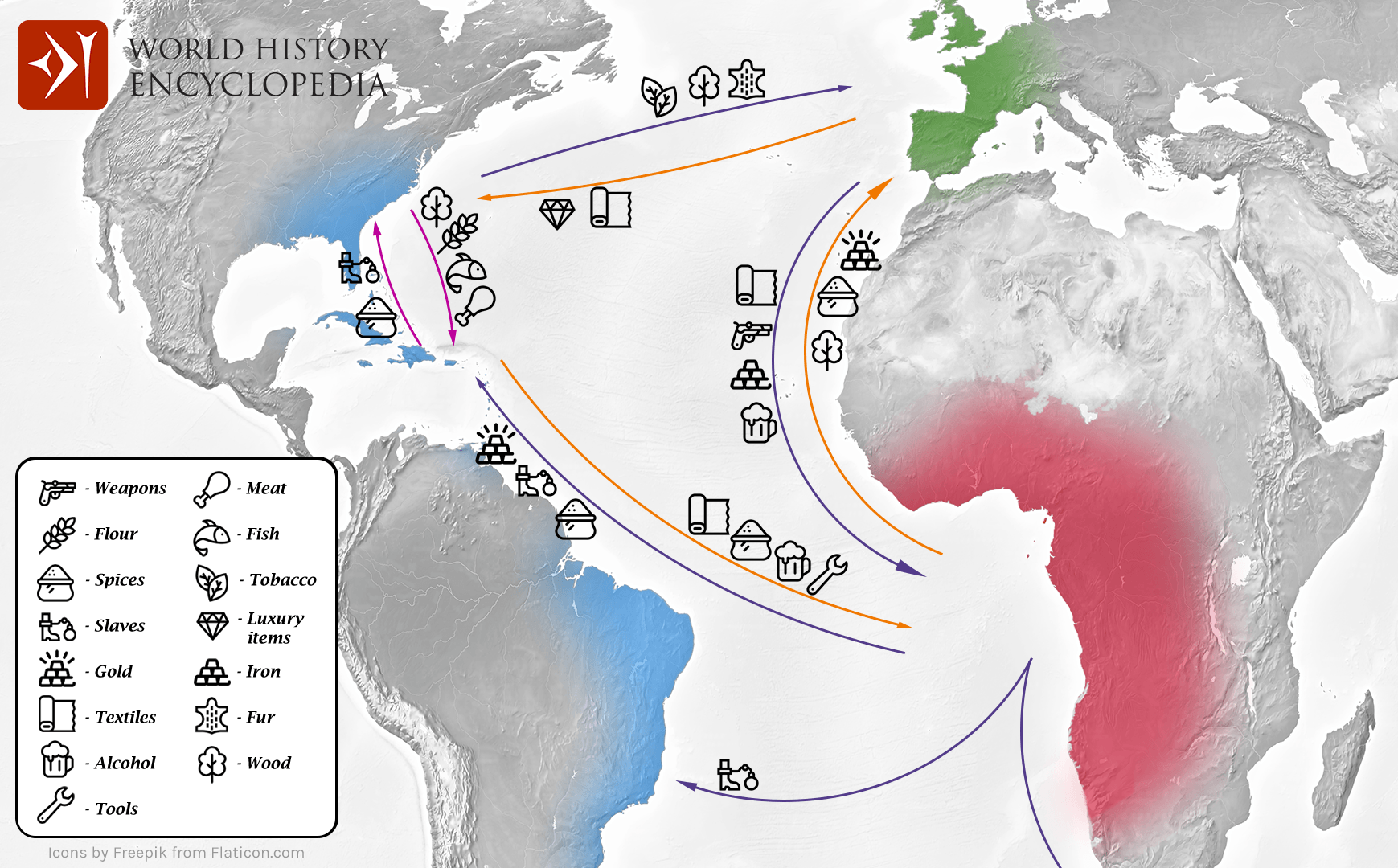 A map of Europe, Africa, and the Americas. Details in text.