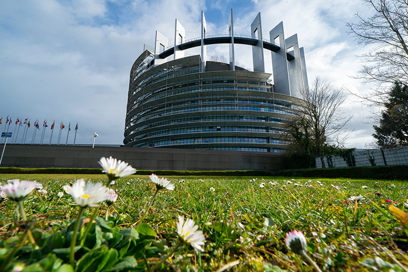 A photograph shows the European Union Parliament building, a large circular building to the right of a row of flags.