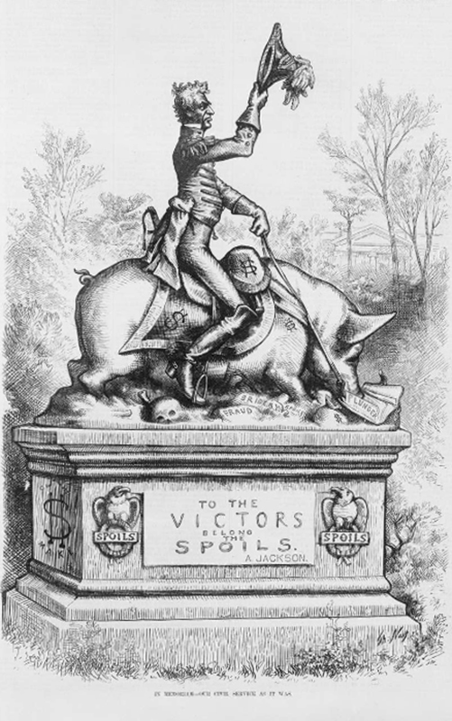 A political cartoon shows Andrew Jackson riding a pig.