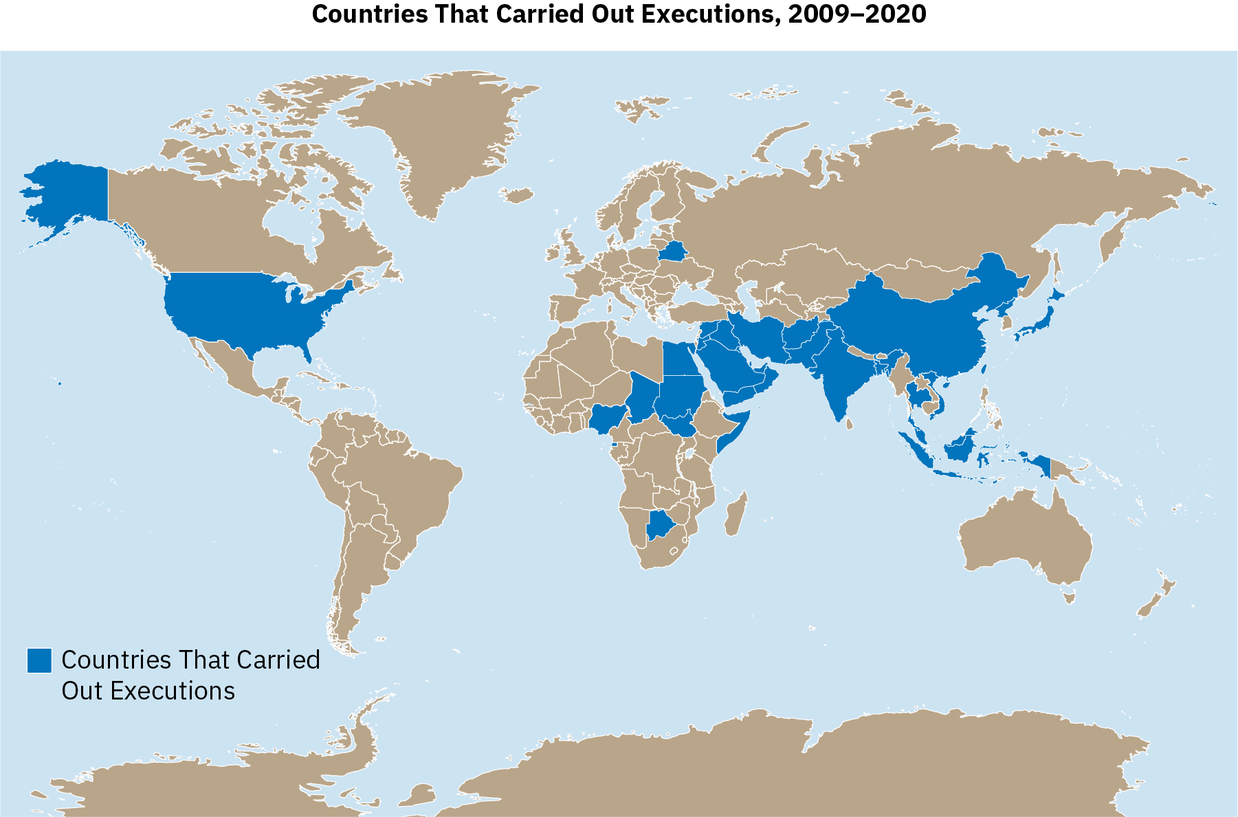 A world map shows all of the countries that carried out executions between 2009 and 2020. Most countries did not carry out executions during this timeframe.
