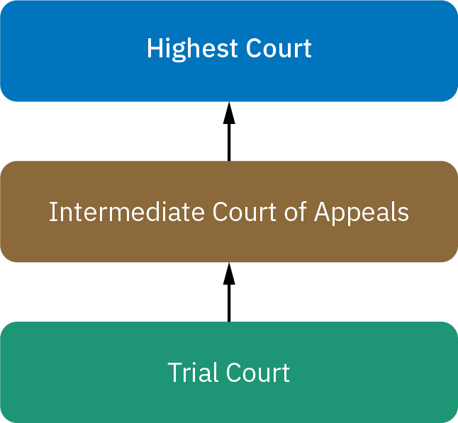 A flow chart shows the structure and hierarchy of the court system in the United States. At the lowest level are the trials courts. If a case is appealed, it may be considered by an intermediate court of appeals. Finally, a case might end up being seen by the highest court.