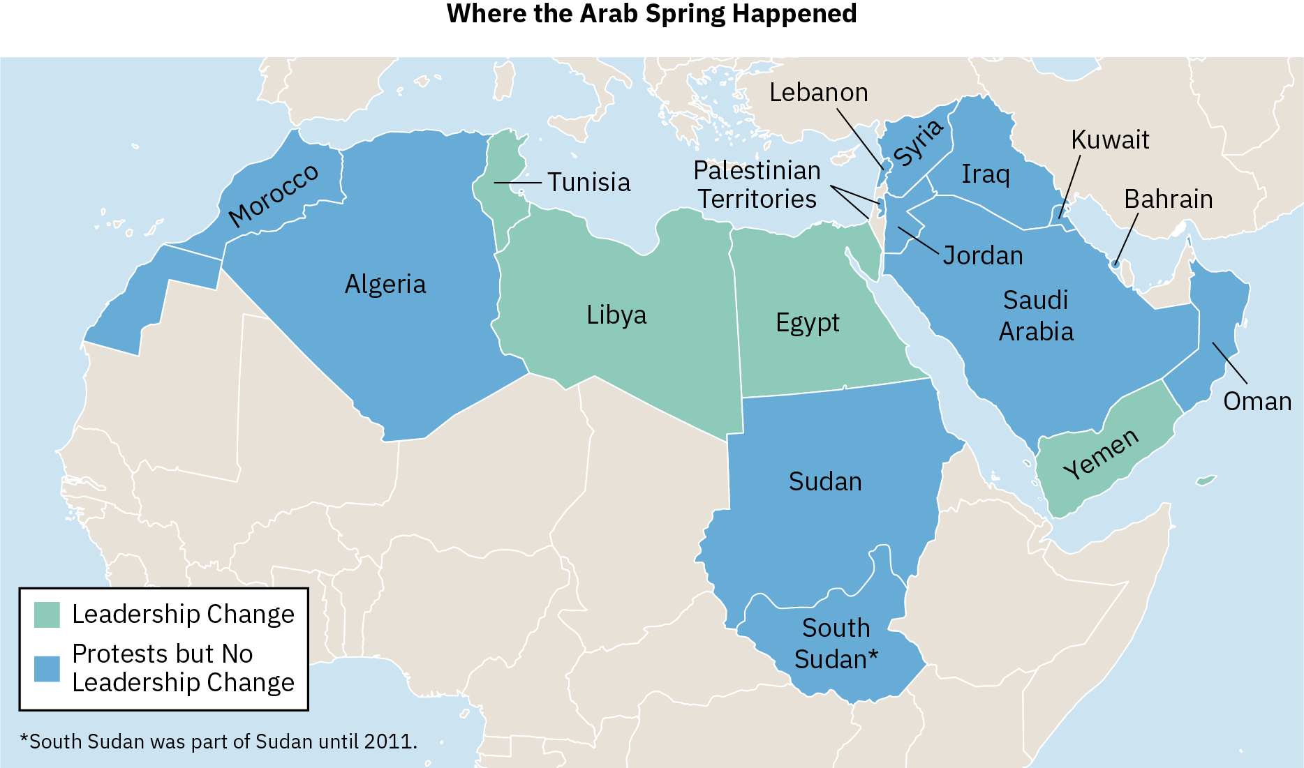 A map of the Middle East shows the area where the Arab Spring occurred. Tunisia, Libya, Egypt, and Yemen recorded a change in leadership, while other countries in the region recorded protests only.