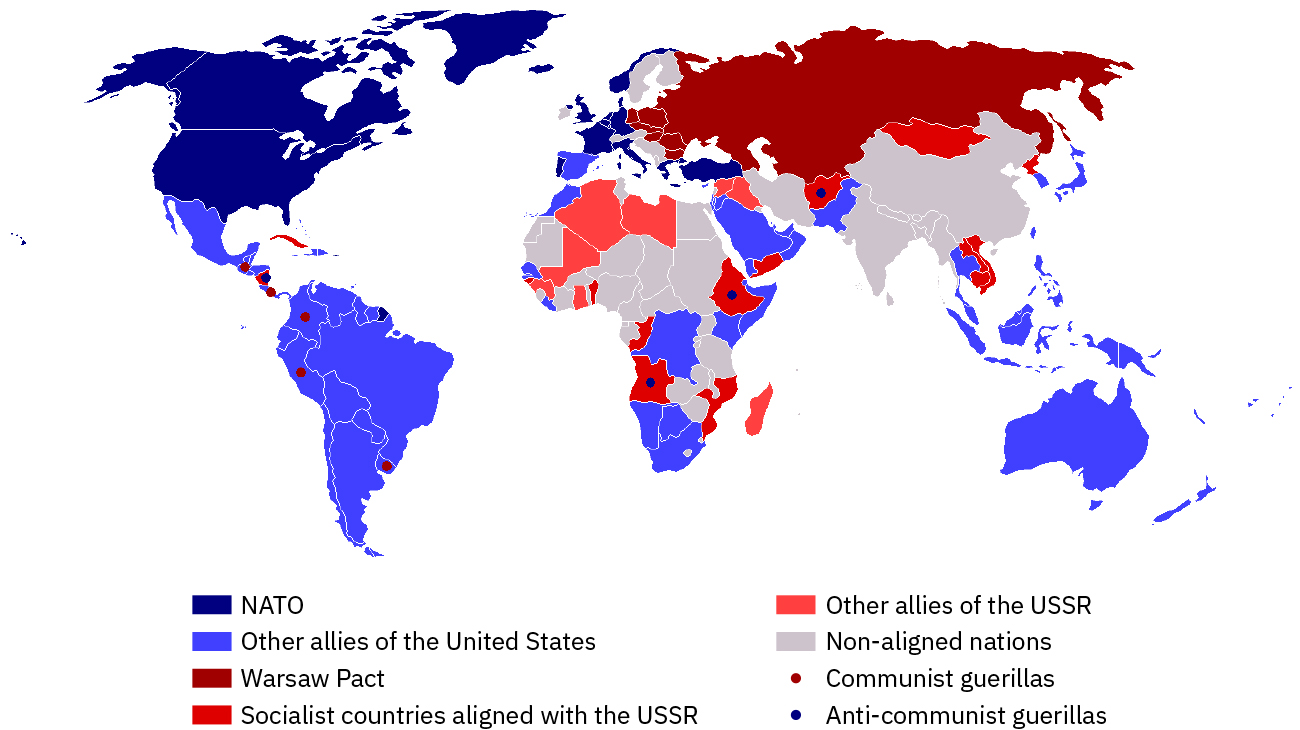 A map of the Cold War shows NATO countries, other allies of the United States, countries that are part of the Warsaw Pact, Socialist countries aligned with the USSR, other allies of the USSR, and non-aligned nations. It also indicates the location of communist or anti-communist guerillas. On the map, all countries in the Western Hemisphere (with the exception of Cuba) are either in NATO or an ally of the United States. Most of Western Europe, Australia, and the southern countries in Africa are also either in NATO or allies of the United States. The Soviet Union and many Eastern European countries are part of the Warsaw pact. Some countries in the Middle East and Northwest Africa are allies of the USSR.