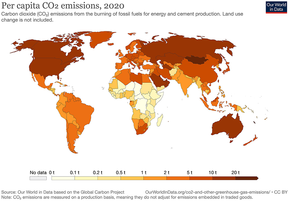 A world map shows per capita CO2 emissions for each country. Countries in North America, Eastern Europe, the Middle East, and Australia have the highest carbon dioxide emissions, while countries in central Africa have the lowest emissions.