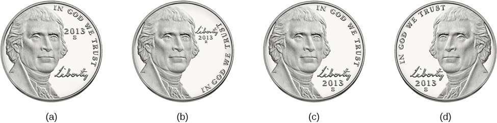 Cuatro ilustraciones de monedas de cinco centavos tienen diferencias menores en la colocación y orientación del texto.