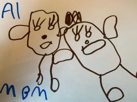 marker drawing of two round figures with the text, "Al mom".