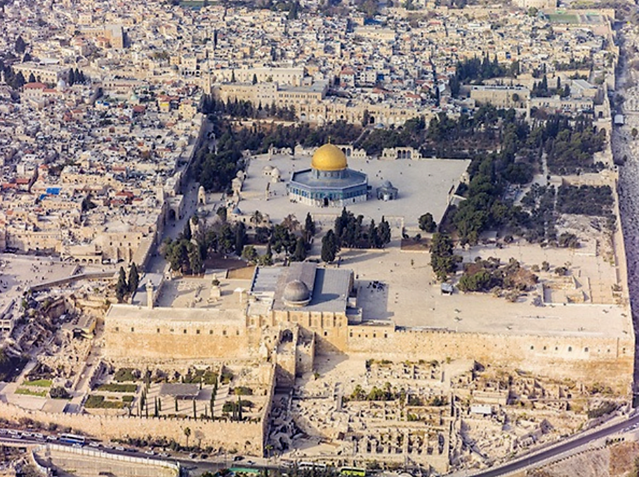 Aerial view of the Temple Mount, sacred to Jews, Christians and Muslims.