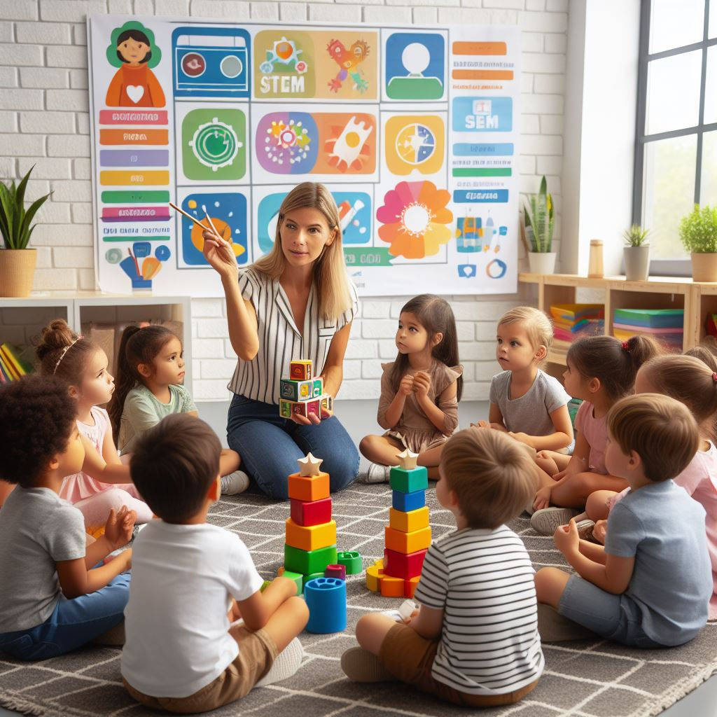 Room with teacher, children, play blocks, utensils, and STEM poster featuring atom symbol, microscope, and other icons.