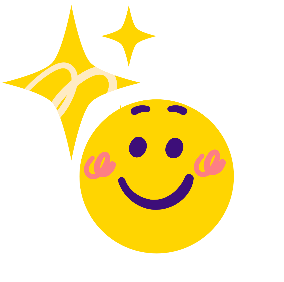 An animation of a blushing, joyful face with two yellow sparkles positioned to the left. This image represents a sense of positivity and happiness.
